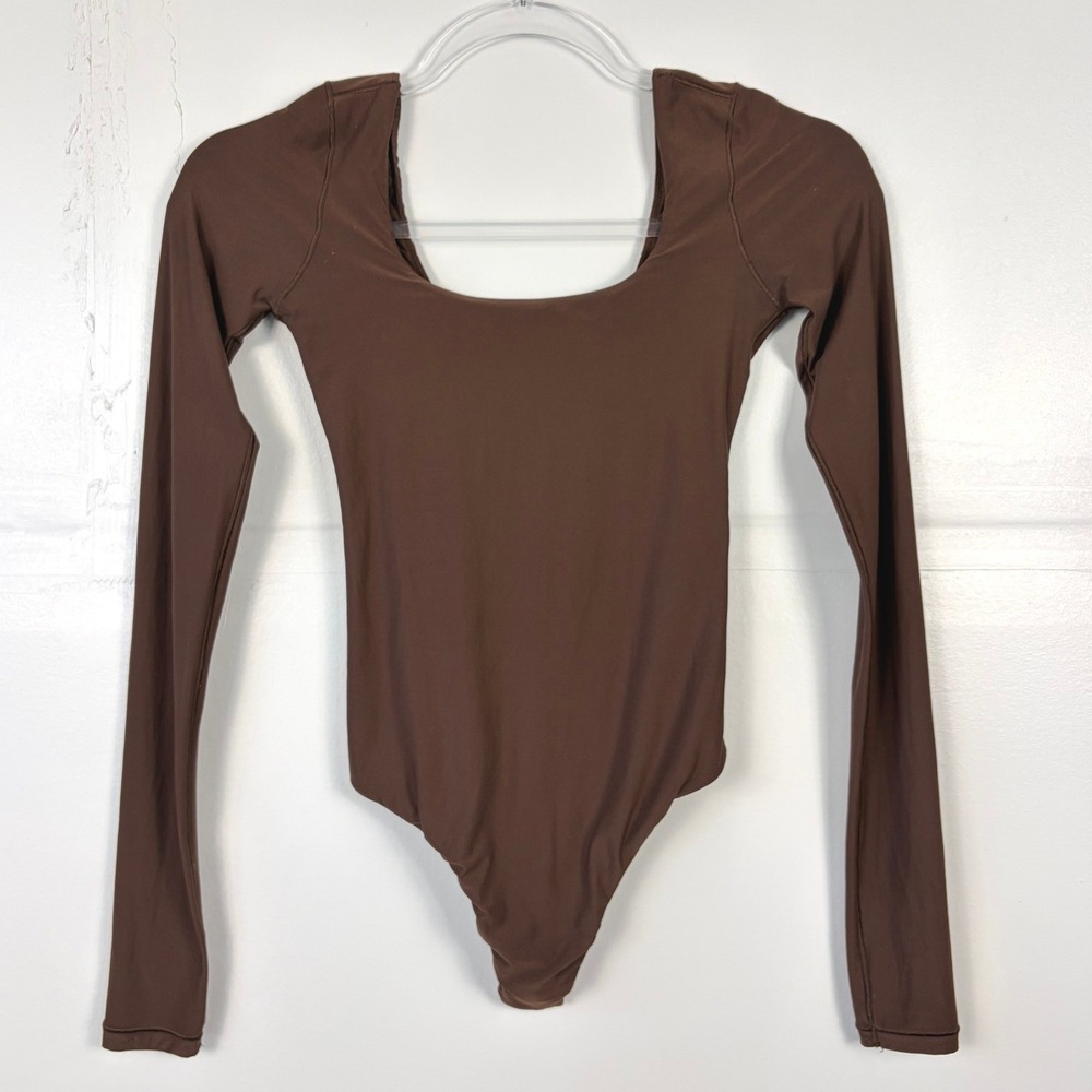 Aerie Smoothez Long Sleeve Relax Bodysuit Balletcore Brown Square Neck XS
